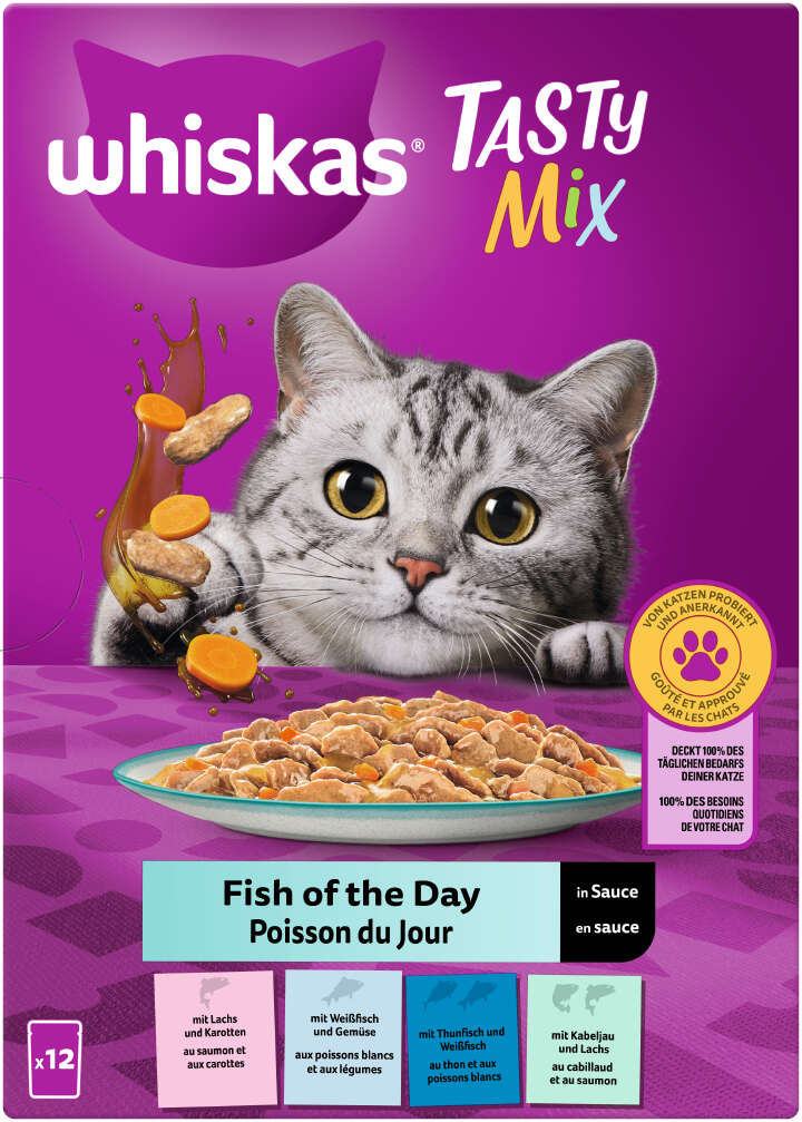 whiskas Katzen-Nassfutter TASTY MIX Portionsbeutel Multipack Fish of the Day in Sauce 12 x 85g
